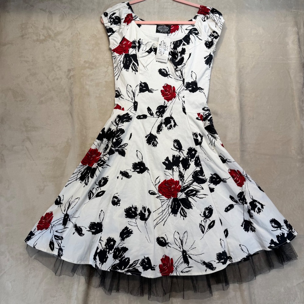 Hearts & Roses London Swing Dress Womens 12 White Red New Floral Rockabilly Bow‎